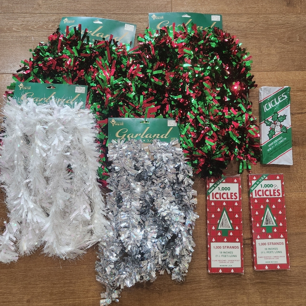 Bundle Of Deadstock Vtg Christmas 4 Garland 3 Tinsel Boxes MCM Y2K Sparkle